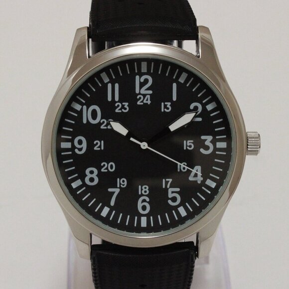Men's Quartz Field Watch Silver Case Black Tropical Strap 42mm - Picture 6 of 12